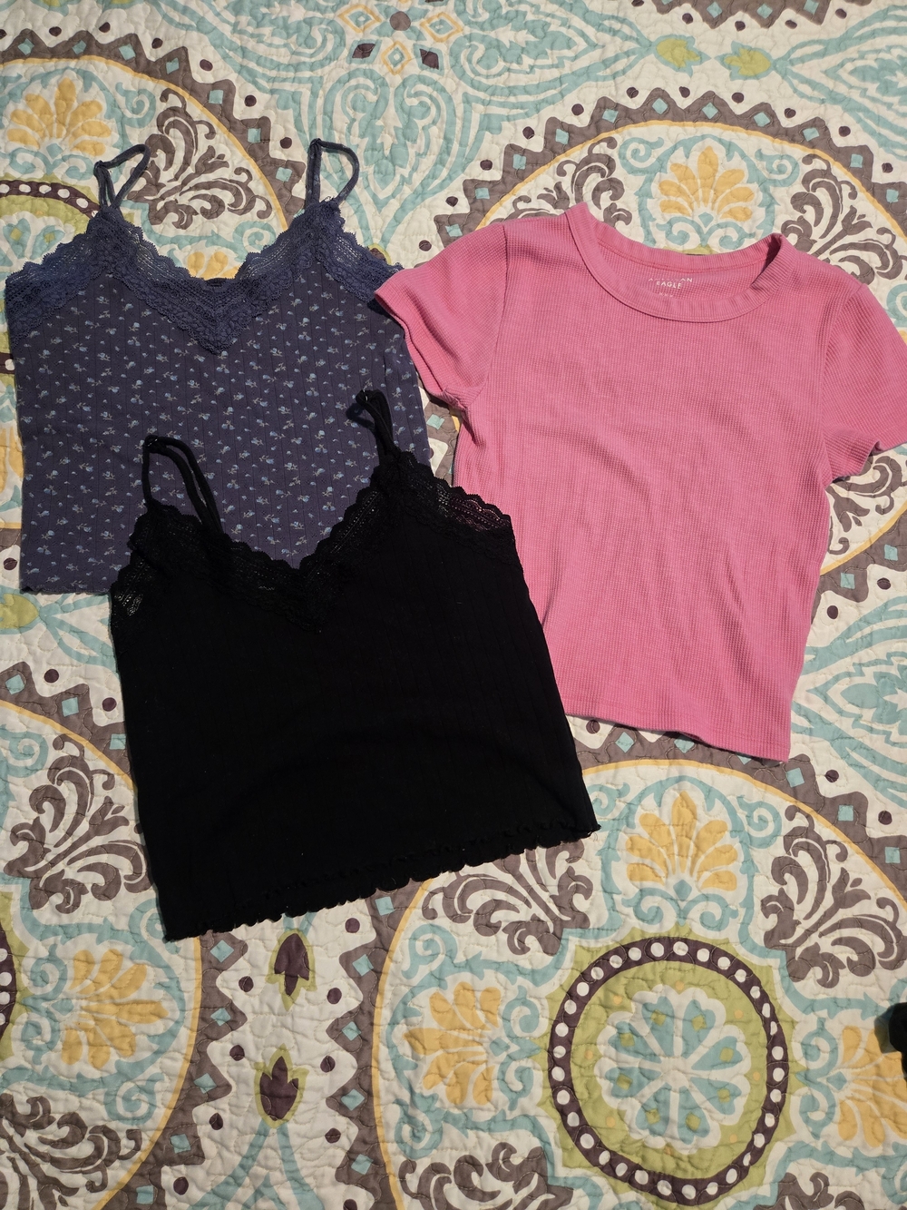 3-piece American Eagle: 1 Pink Ribbed & 2 Lace Cami Set